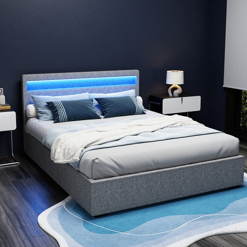 COLE Queen Size LED Gas Lift Bed Frame – Grey