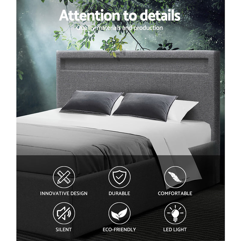 COLE Queen Size LED Gas Lift Bed Frame – Grey