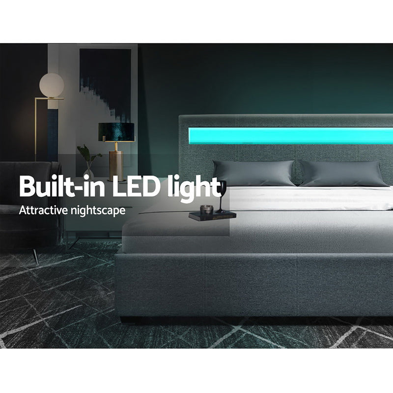 COLE Queen Size LED Gas Lift Bed Frame – Grey