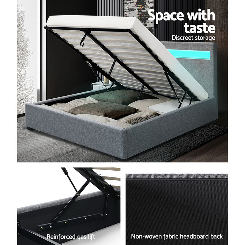 COLE Queen Size LED Gas Lift Bed Frame – Grey