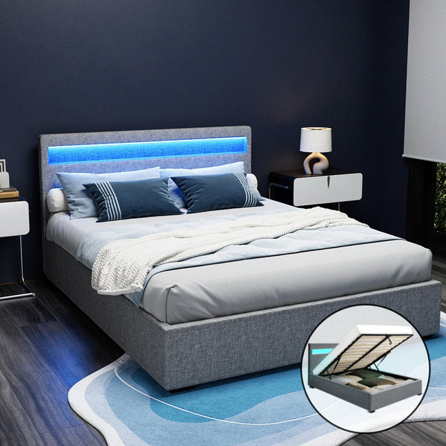 COLE Queen Size LED Gas Lift Bed Frame – Grey