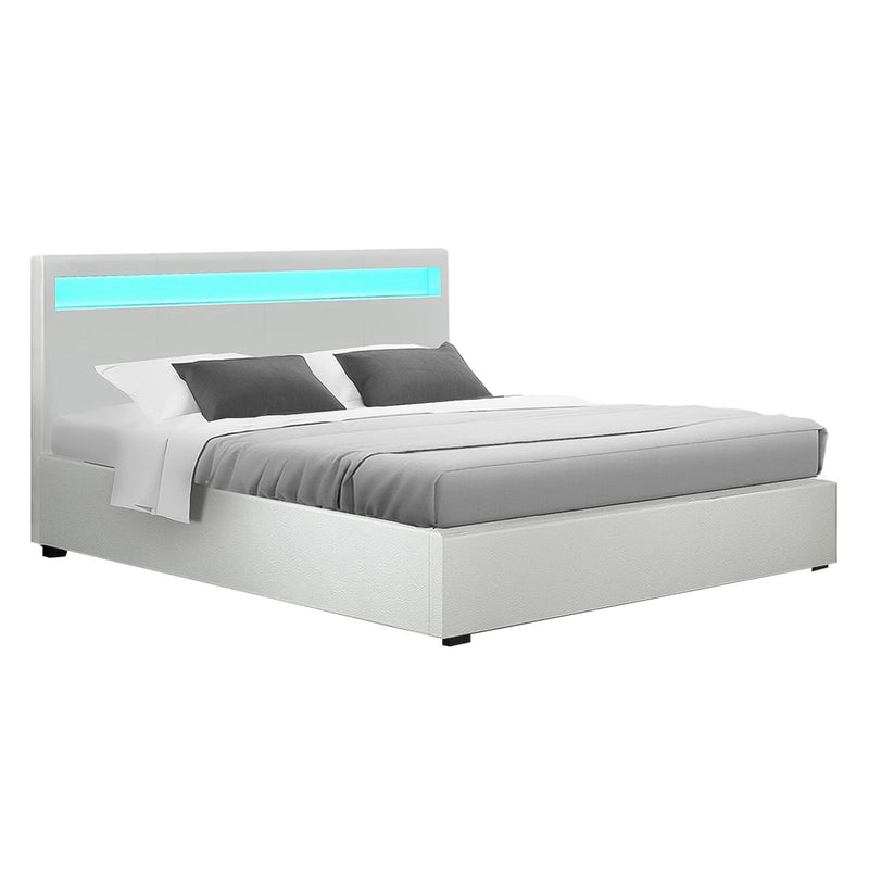 COLE Queen Size LED Gas Lift Bed Frame – White