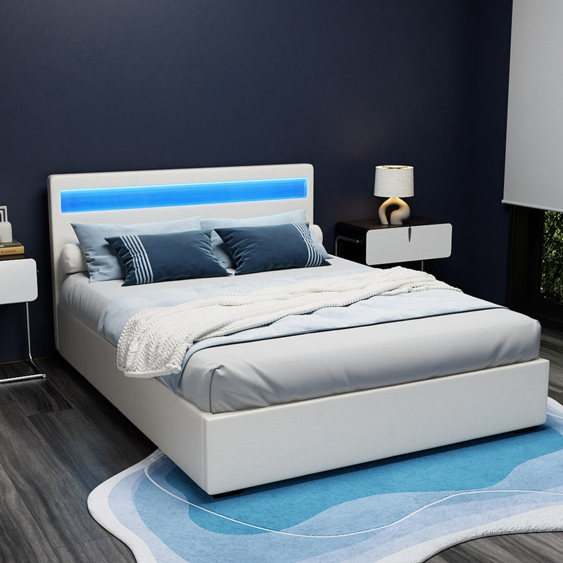 COLE Queen Size LED Gas Lift Bed Frame – White