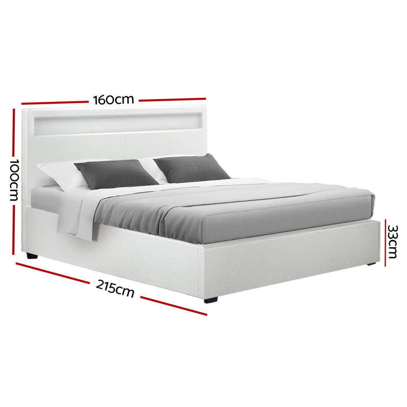 COLE Queen Size LED Gas Lift Bed Frame – White