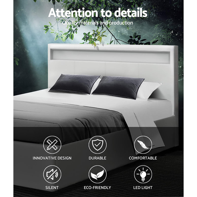 COLE Queen Size LED Gas Lift Bed Frame – White
