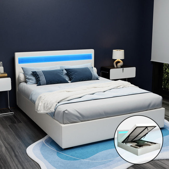 COLE Queen Size LED Gas Lift Bed Frame – White