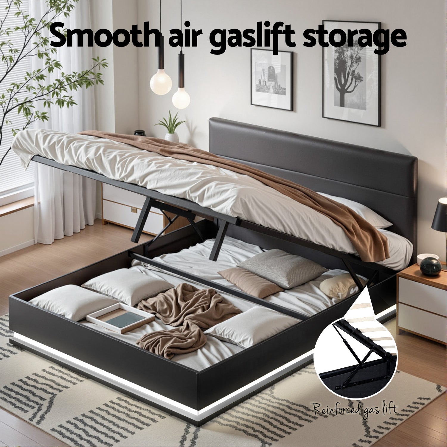 LUMI Queen Size Gas Lift Bed Frame – Black
