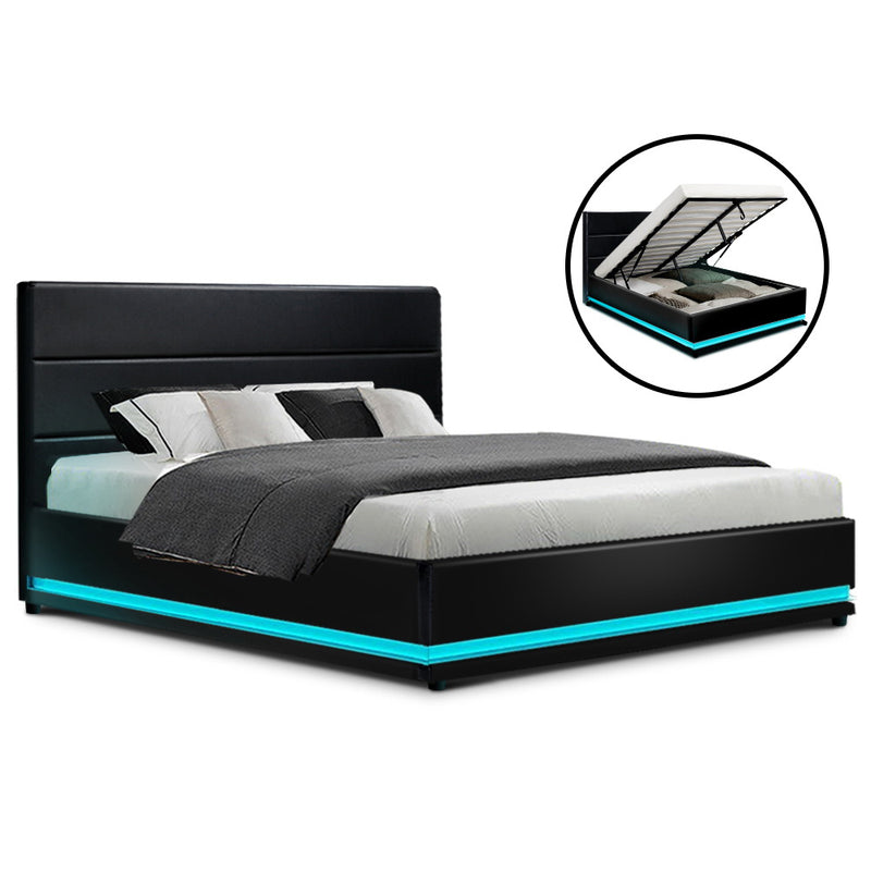 Bed Frame Queen Size Gas Lift Black LUMI