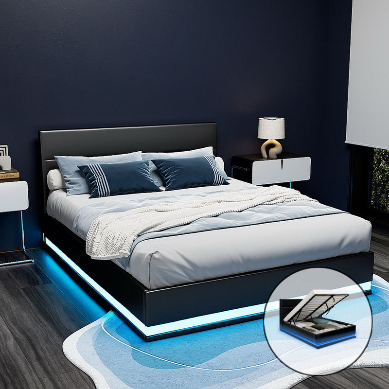 Bed Frame Queen Size Gas Lift Black LUMI