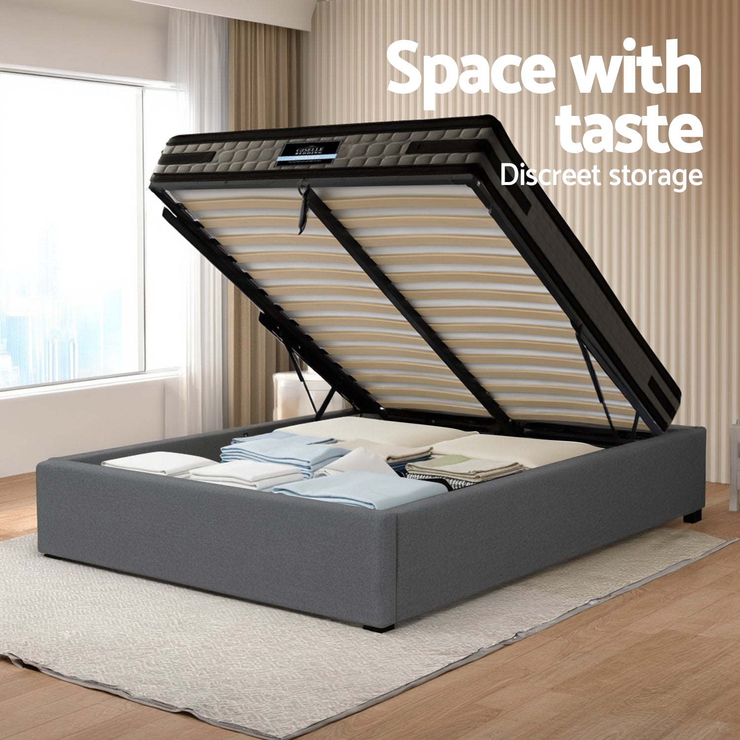 King Single Gas Lift Bed Frame with 36cm Giselle Mattress – Grey