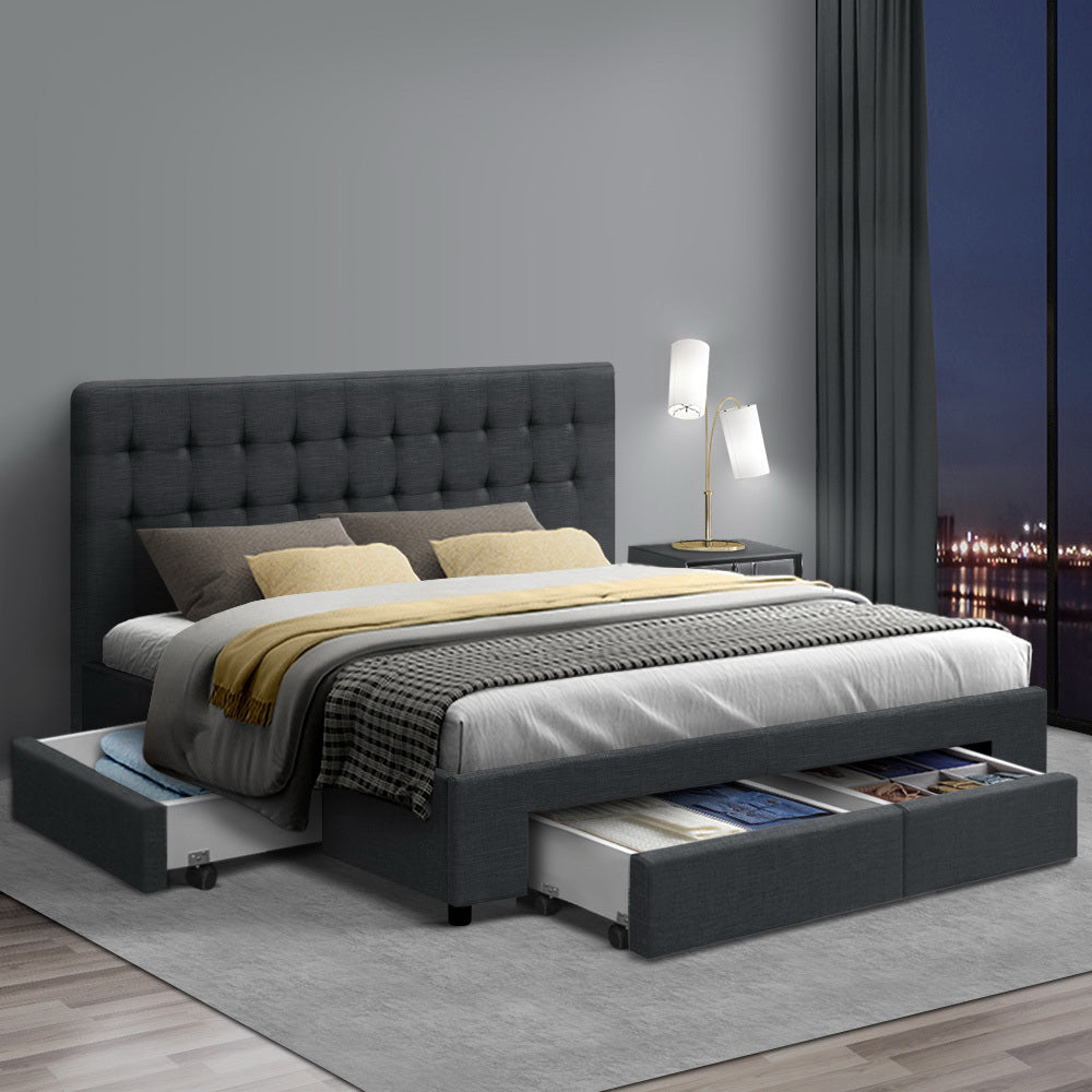 AVIO Queen Size Bed Frame with 4 Drawers – Charcoal