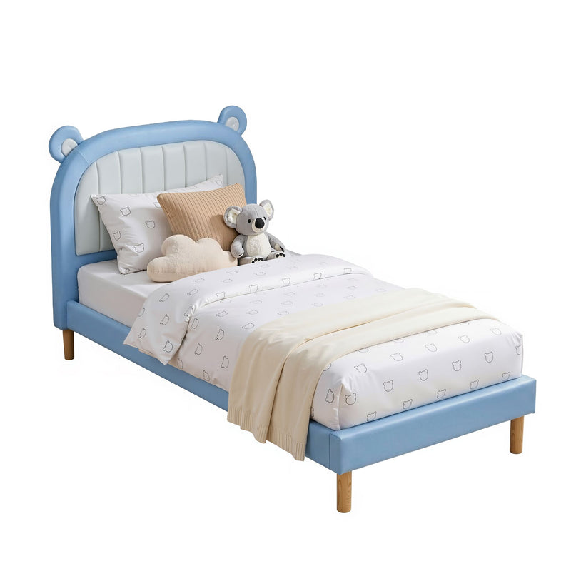 Artiss Kids King Single Bed Frame with Bear Headboard – Blue & White