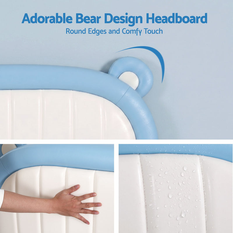 Artiss Kids King Single Bed Frame with Bear Headboard – Blue & White