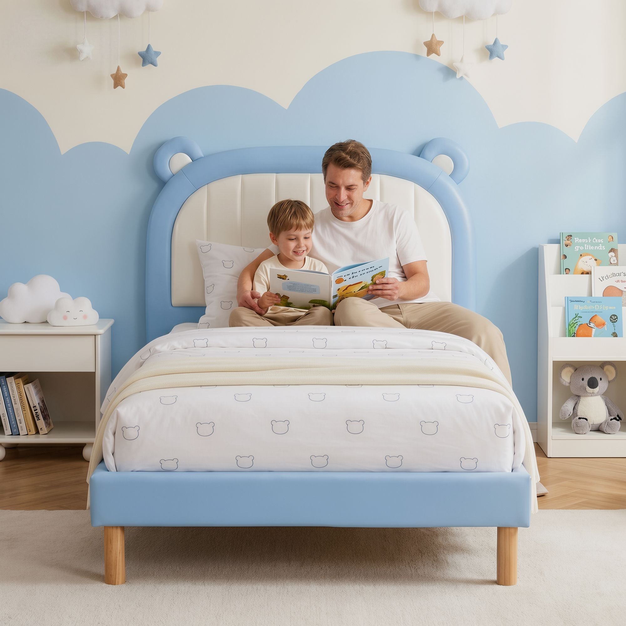 Artiss Kids King Single Bed Frame with Bear Headboard – Blue & White