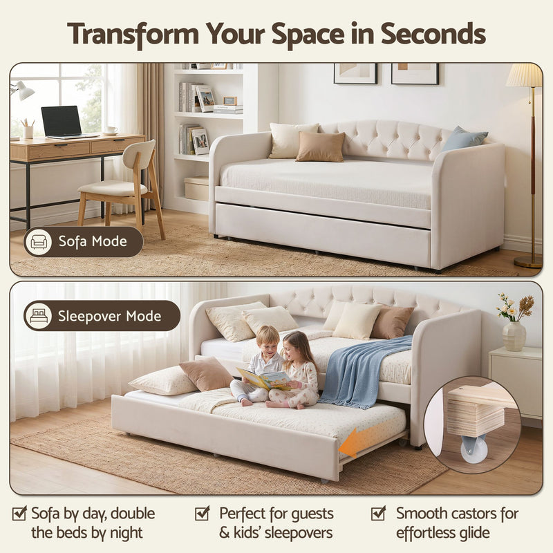 Artiss Velvet Daybed with Trundle Bed