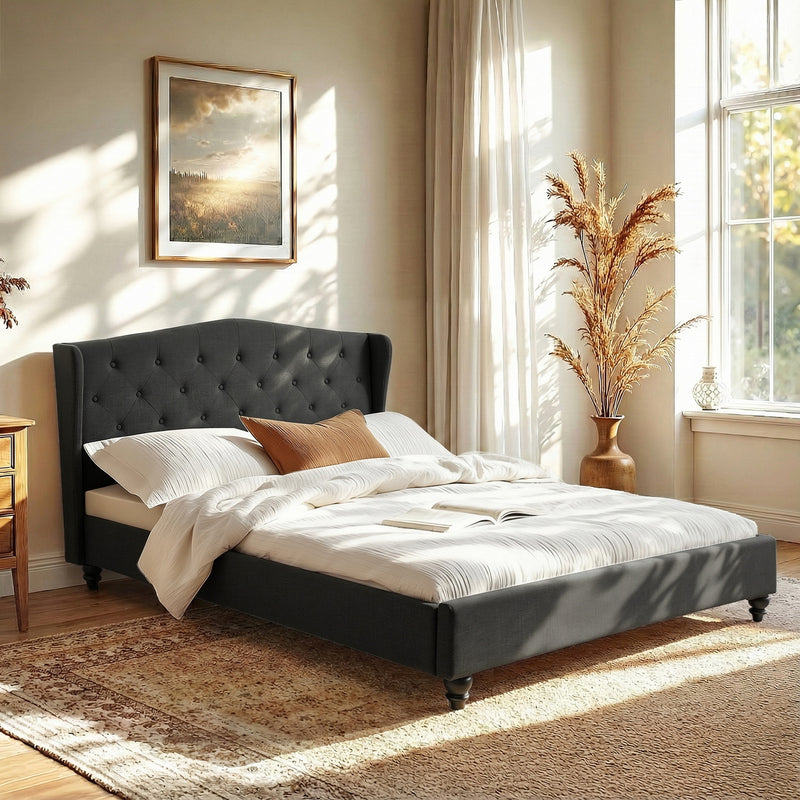 Artiss Queen Wingback Bed Frame – Charcoal Grey Linen