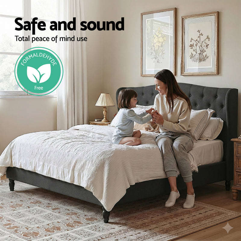 Artiss Queen Wingback Bed Frame – Charcoal Grey Linen