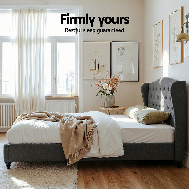 Artiss Queen Wingback Bed Frame – Charcoal Grey Linen