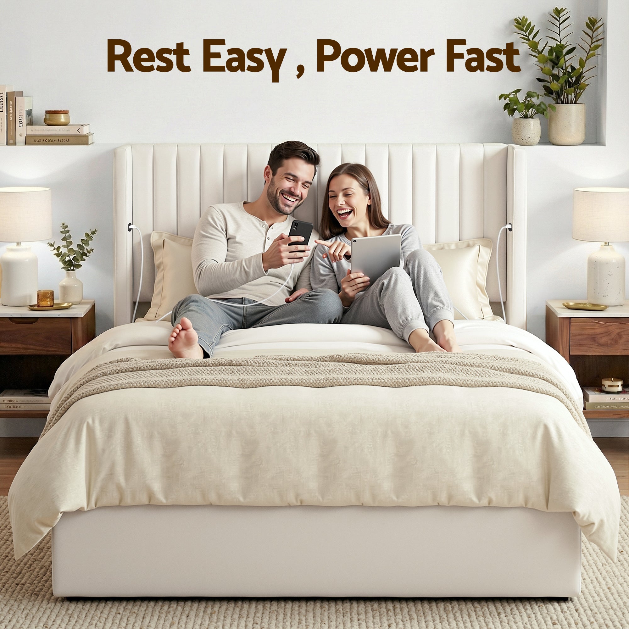 Artiss Double Bed Frame Gas Lift Storage USB-C Velvet White