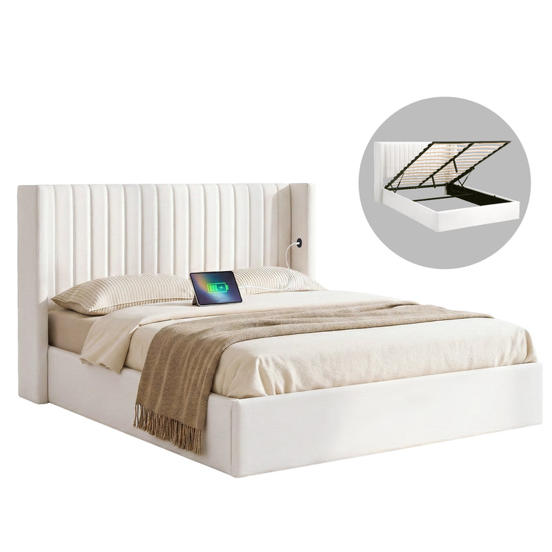 Artiss Double Bed Frame Gas Lift Storage USB-C Velvet White