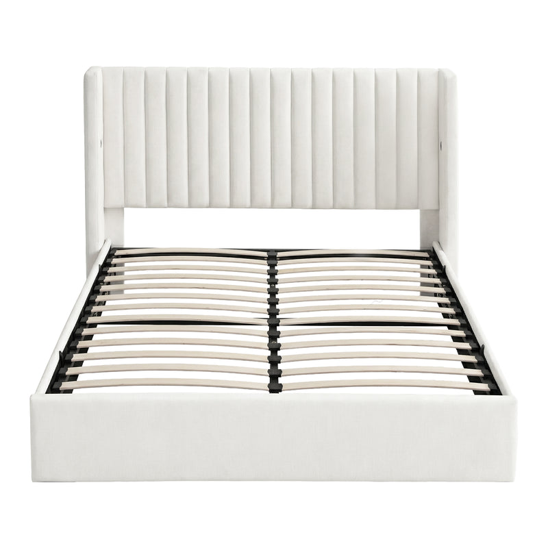 Artiss Queen Gaslift Bed with USB-C – White Velvet