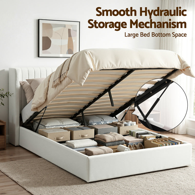 Artiss Queen Gaslift Bed with USB-C – White Velvet