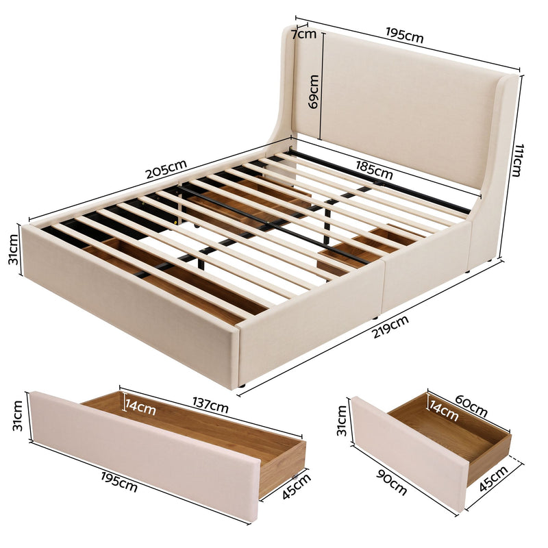 Artiss King Upholstered Bed Frame with 3 Storage Drawer