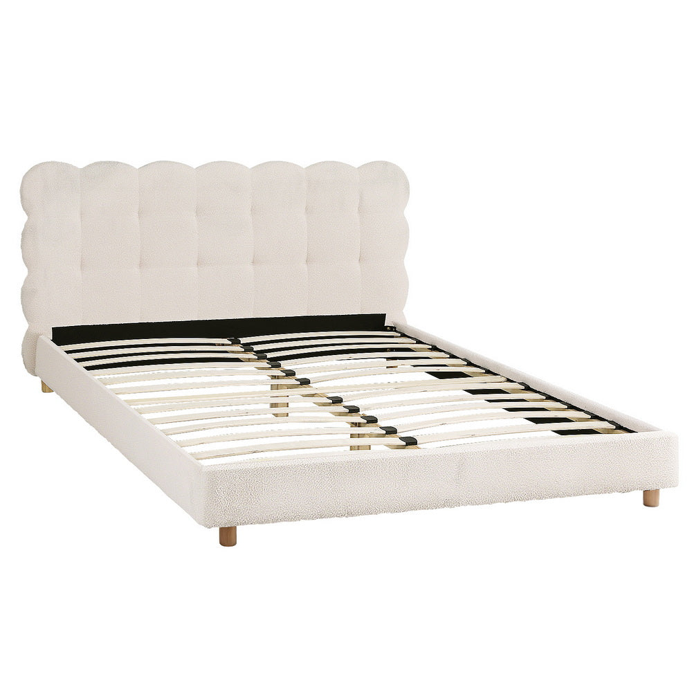 Queen Bed Frame with Cloud Headboard in White Bouclé Fabric