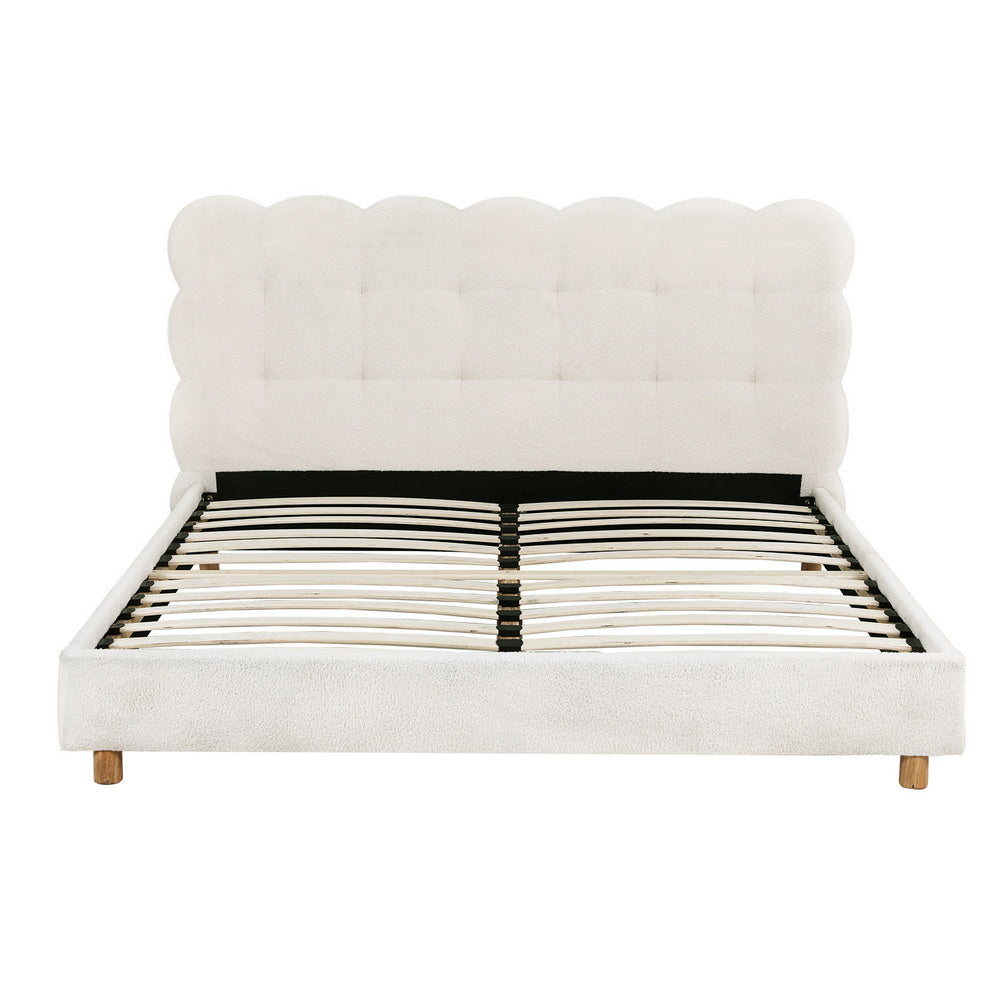 Queen Bed Frame with Cloud Headboard in White Bouclé Fabric