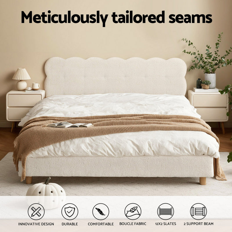Queen Bed Frame with Cloud Headboard in White Bouclé Fabric
