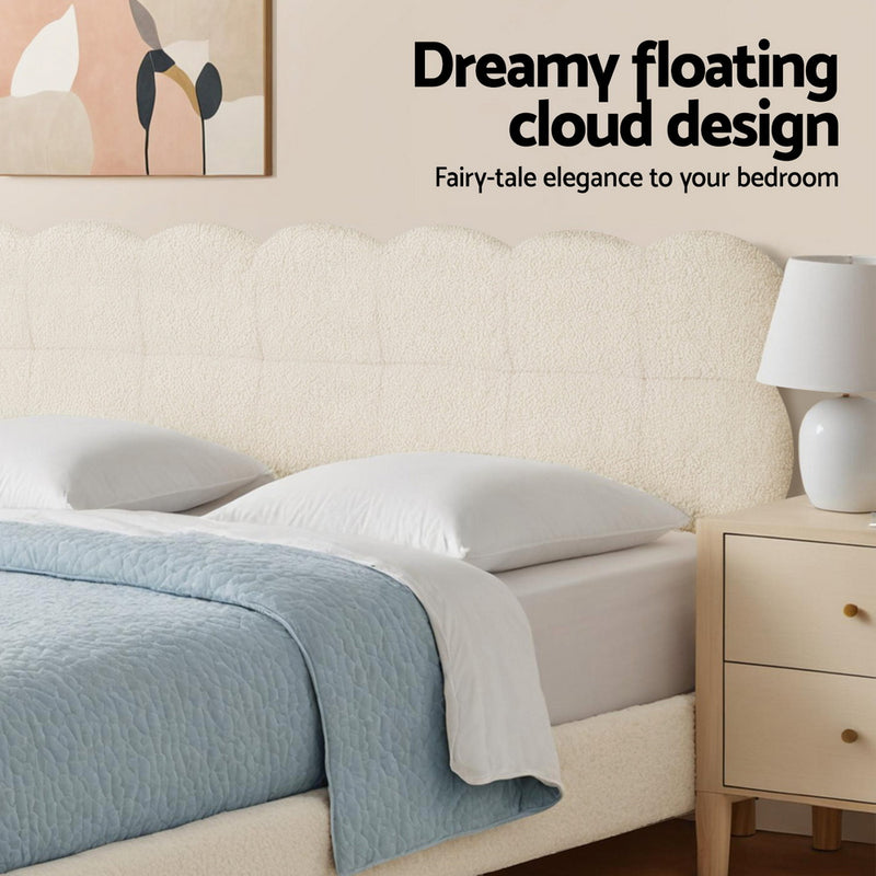 Queen Bed Frame with Cloud Headboard in White Bouclé Fabric