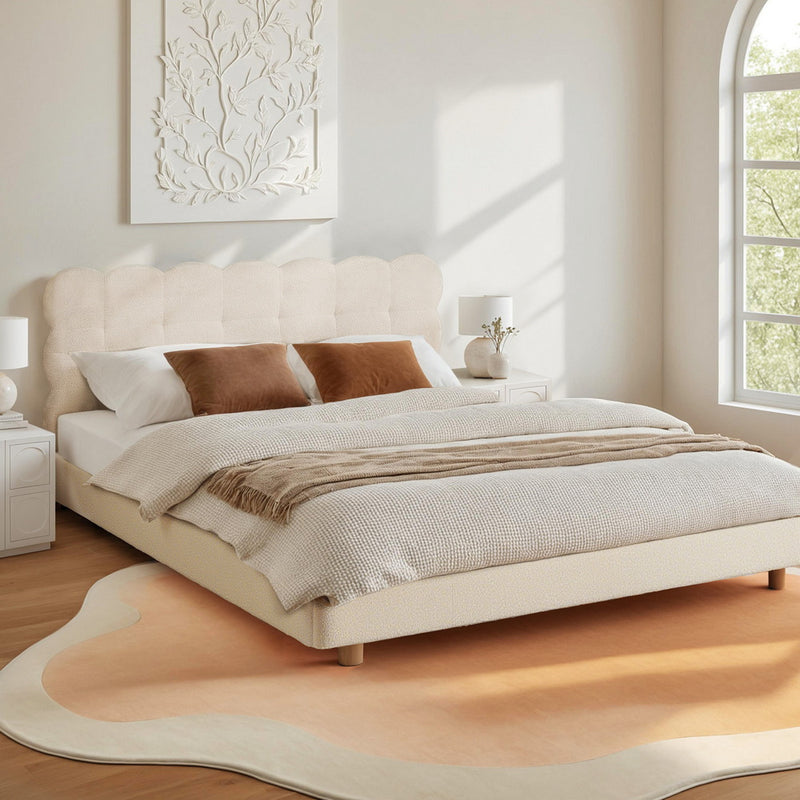 Queen Bed Frame with Cloud Headboard in White Bouclé Fabric