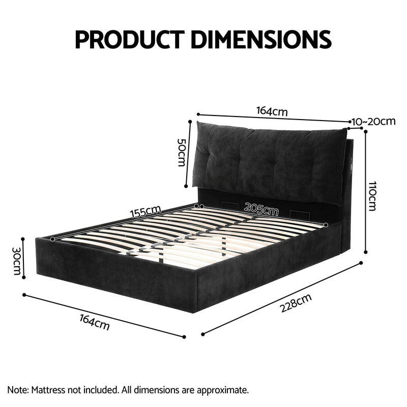 Artiss Queen Gas Lift Bed Frame w/ LED & USB-C – Black Velvet