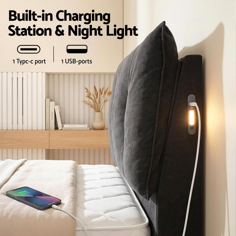 Artiss Queen Gas Lift Bed Frame w/ LED & USB-C – Black Velvet