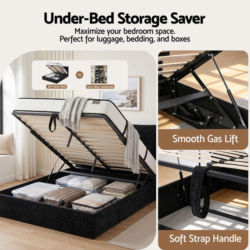 Artiss Queen Gas Lift Bed Frame w/ LED & USB-C – Black Velvet