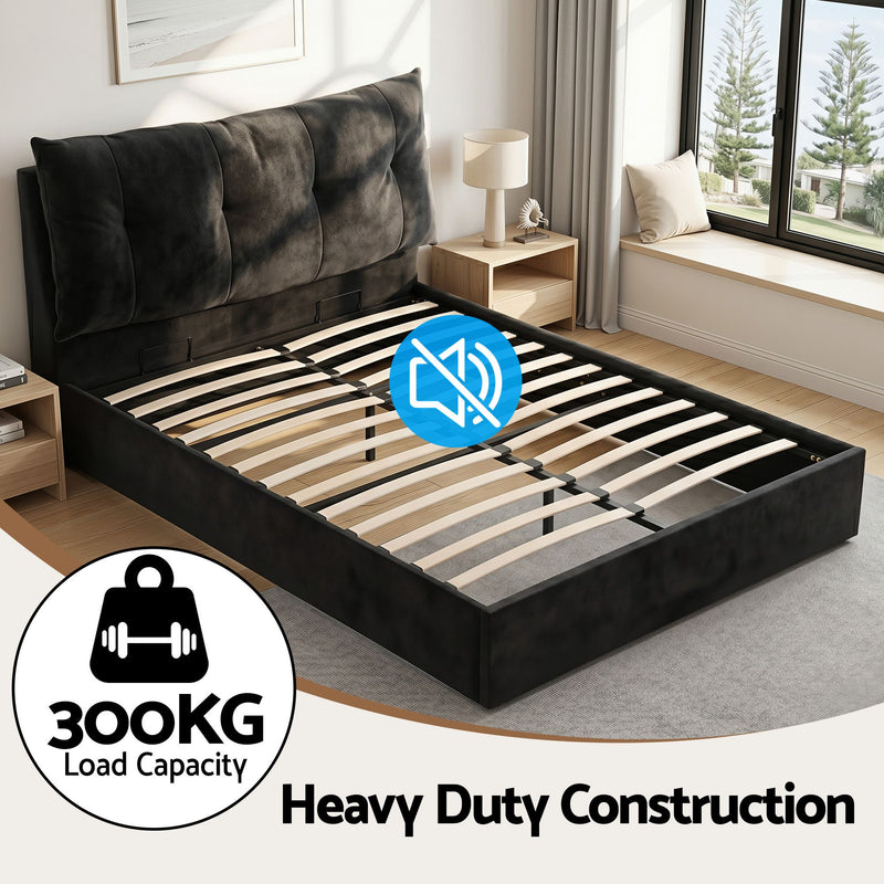 Artiss Queen Gas Lift Bed Frame w/ LED & USB-C – Black Velvet