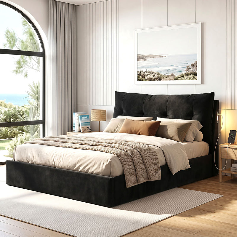 Artiss Queen Gas Lift Bed Frame w/ LED & USB-C – Black Velvet
