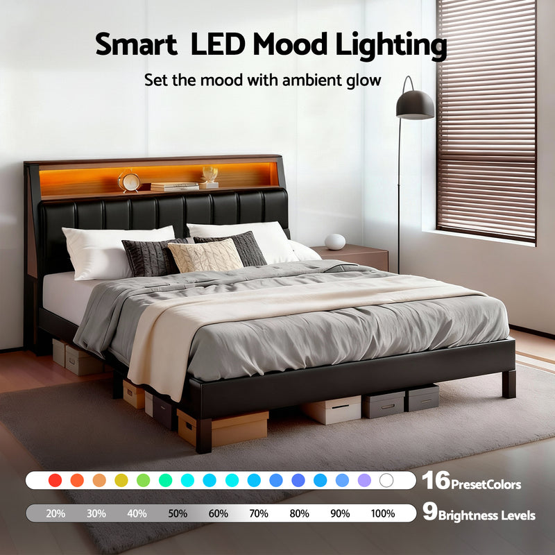 Black Double Bed Frame – LED Headboard & USB Charging
