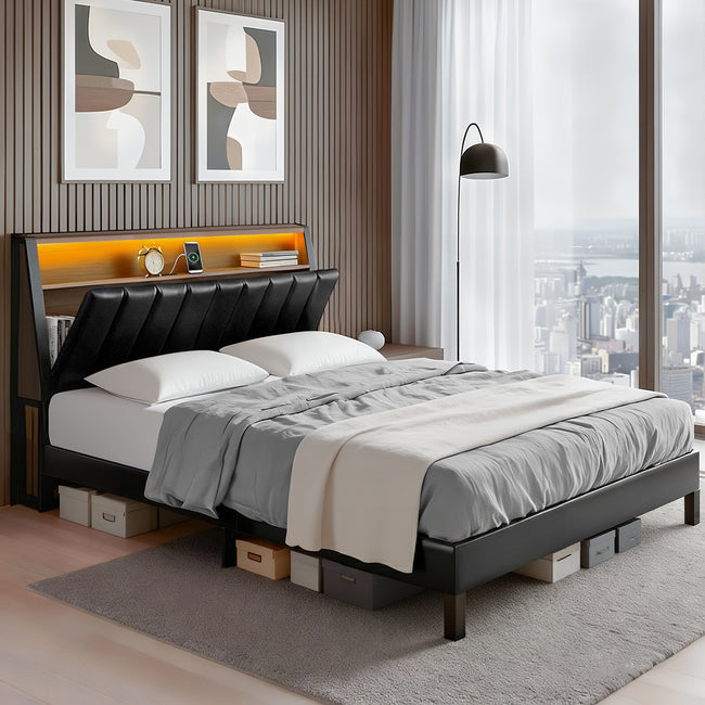 Artiss Black Double Bed Frame – LED Headboard & USB Charging