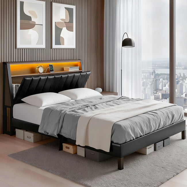 Artiss Queen Bed Frame with LED Headboard, Storage & Charging Station – Black