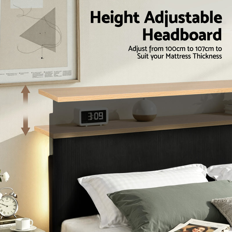 Artiss Double Upholstered Bed Frame with LED Headboard – Black Velvet