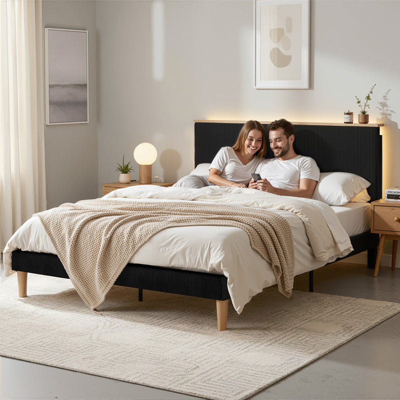 Artiss Double Upholstered Bed Frame with LED Headboard – Black Velvet
