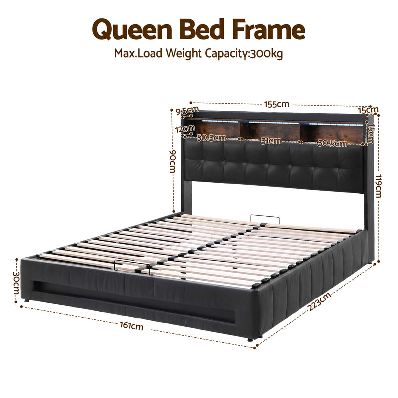 Artiss Queen Bed Frame Gas Lift Storage LED Headboard