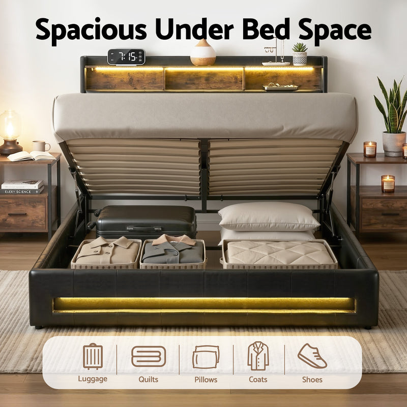 Artiss Queen Bed Frame Gas Lift Storage LED Headboard