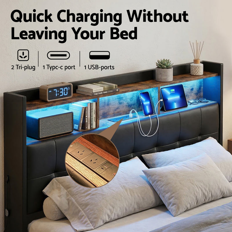 Artiss Queen Bed Frame Gas Lift Storage LED Headboard