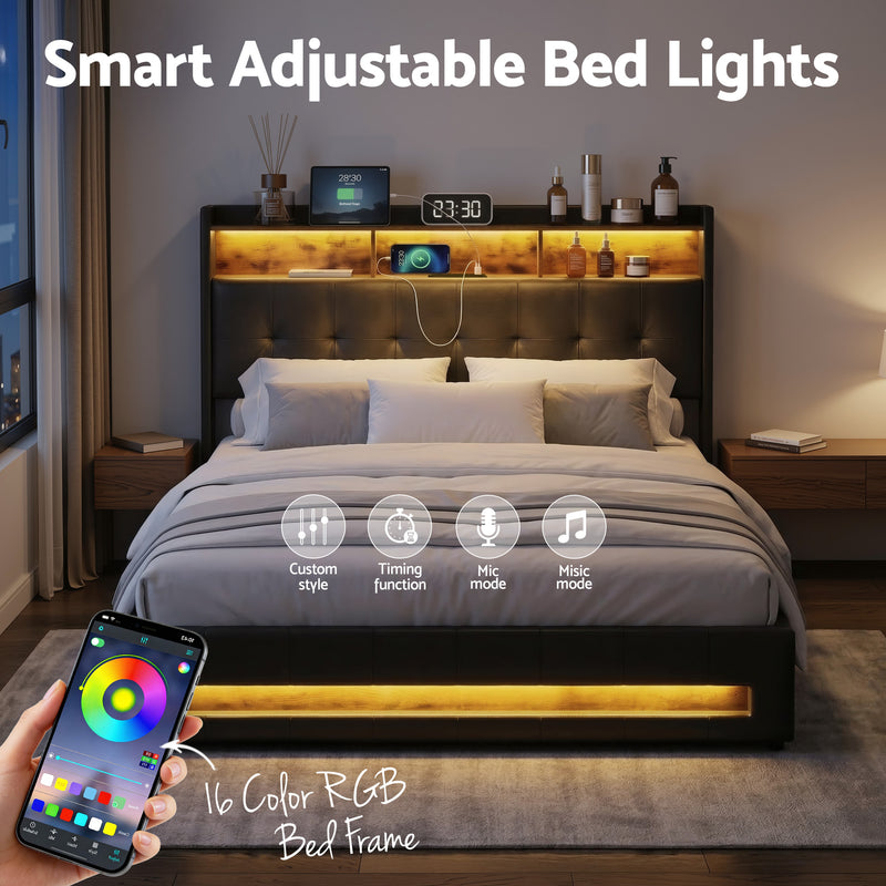 Artiss Queen Bed Frame Gas Lift Storage LED Headboard