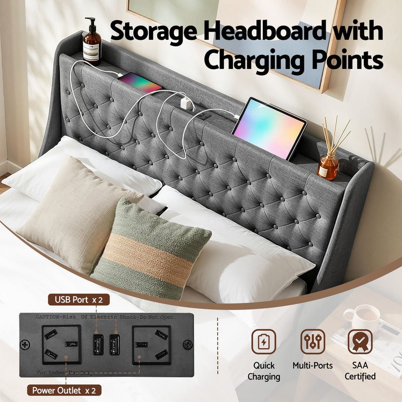 Artiss Double Bed Frame with Storage & Charging – Grey