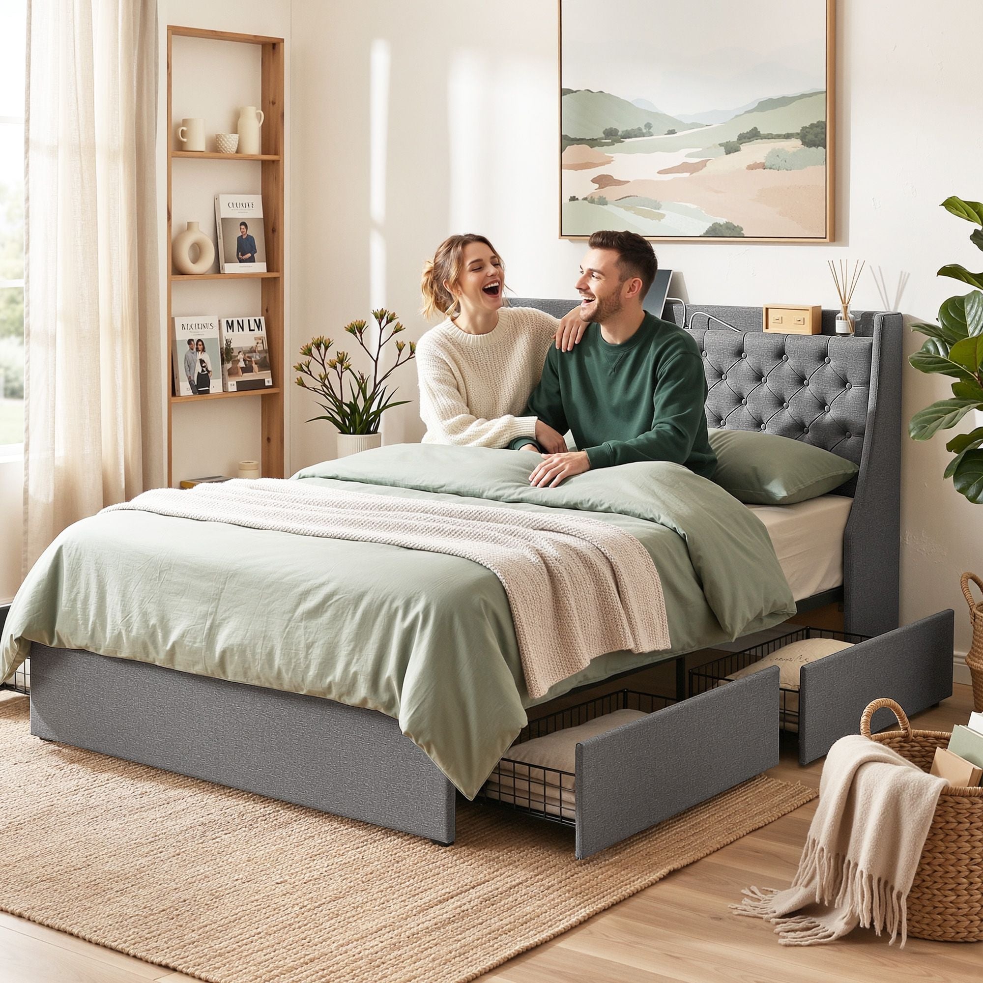 Artiss Double Bed Frame with Storage & Charging – Grey