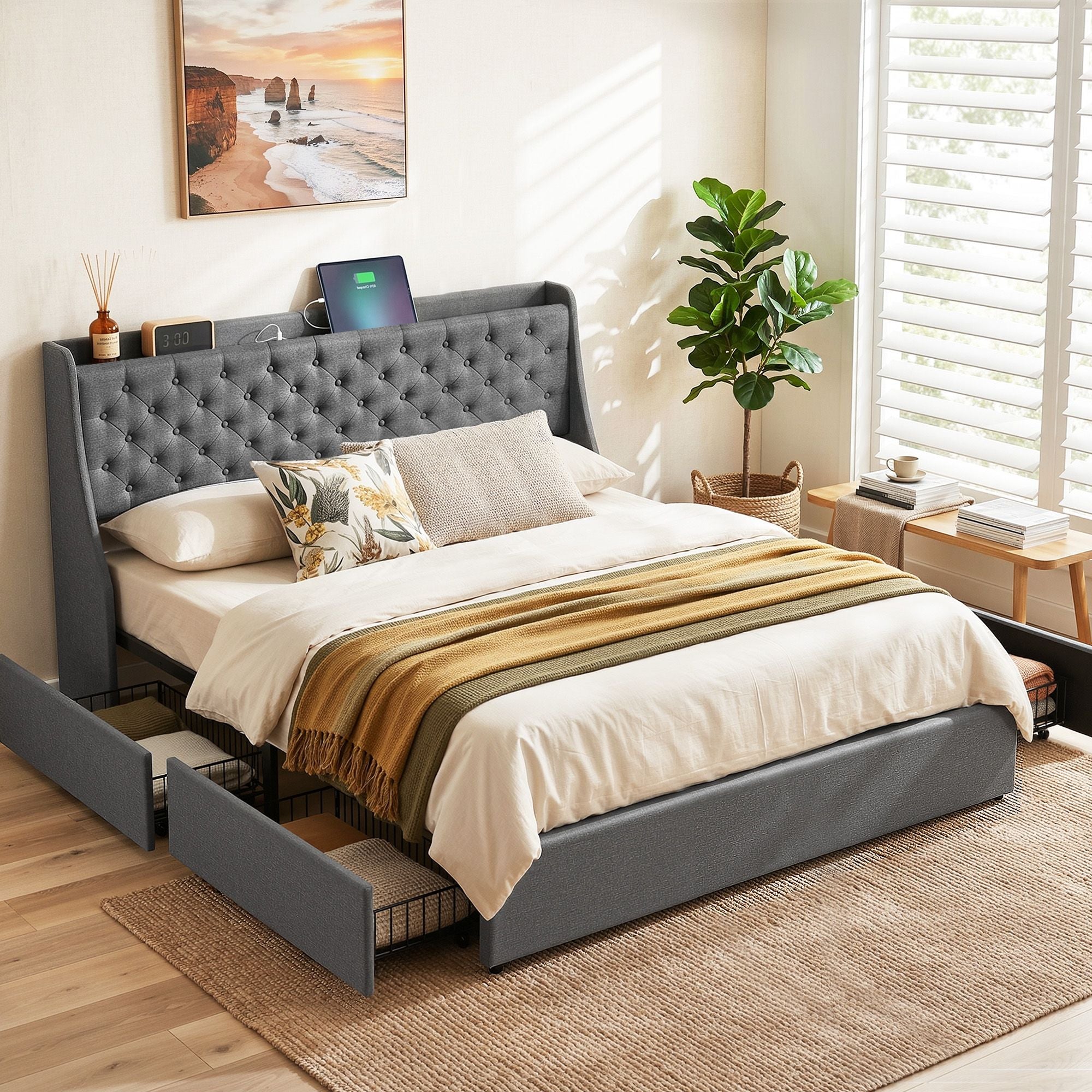 Artiss King Bed Frame with Storage & Charging – Charcoal Grey