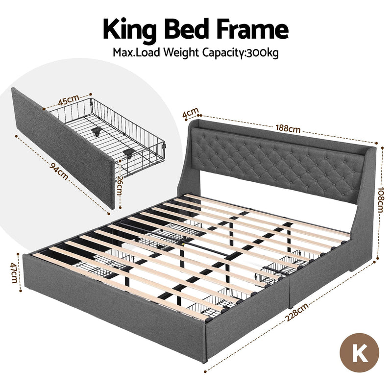 Artiss King Bed Frame with Storage & Charging – Charcoal Grey